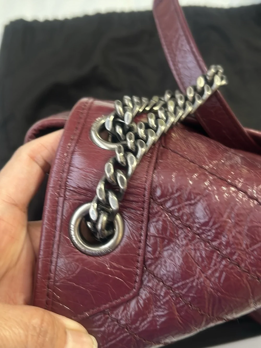 Yves Saint Laurent Quilted Burgundy Leather Shoulder Bag with Silver Chain